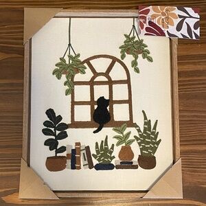 BP Home Embroidered Woven Cat Window Plants Books Wall Art